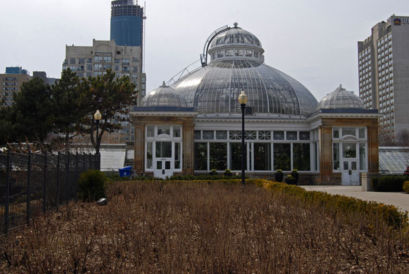 a view of the exterior of the Palm House entrance to the Allan Garden Conservatory