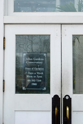 The doors of the entrance to the Allan Gardens Conservatory's Palm House in Toronto