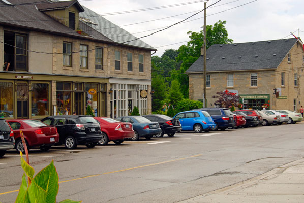 a view of a street with shops in Elora
